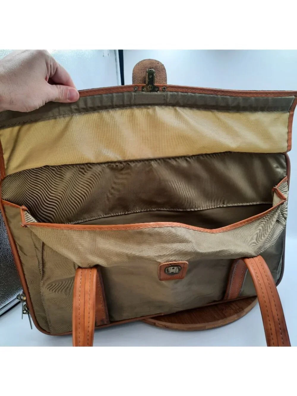 Vintage Hartmann Luggage Khaki Nylon Leather Trim Folding Zip Travel Garment Bag